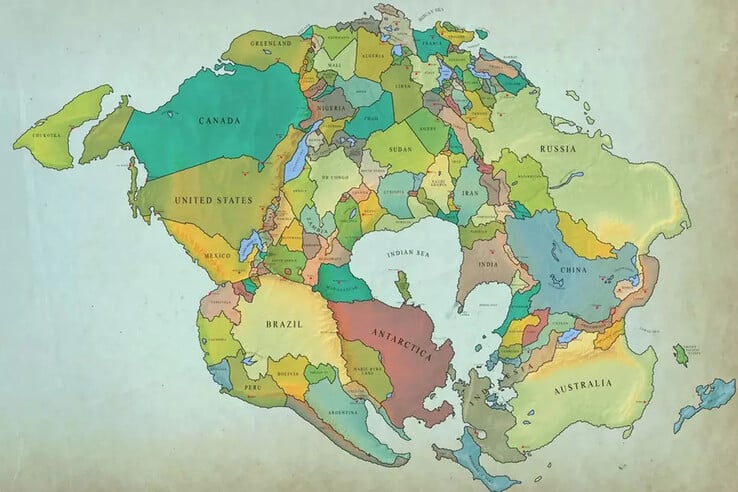 A estimativa mais provável para o novo continente na Terra em 250 milhões de anos. (Fonte da imagem: Reddit)