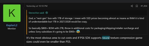 Postagem de Kepler_L2 sobre o preço do PS6 e SSD