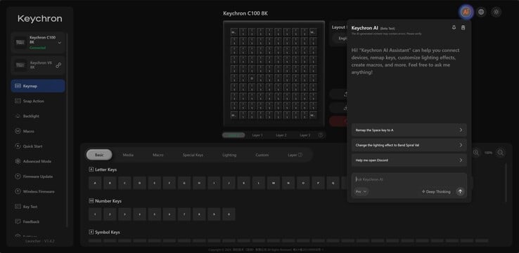Todas as 100 teclas podem ser programadas por meio de um aplicativo web.