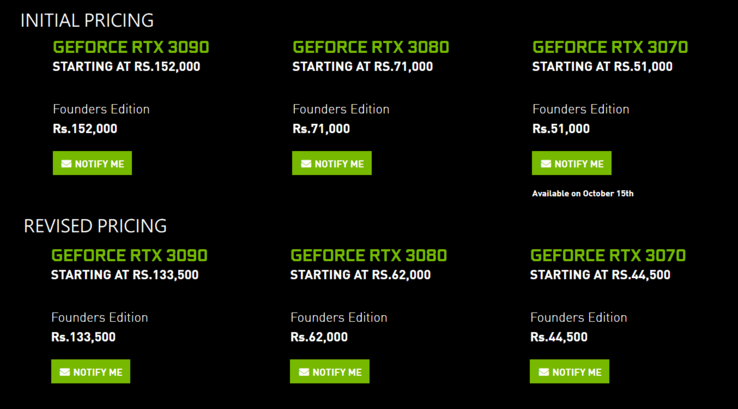 Os preços originais e revistos da série RTX 3000 FE na Índia. (Fonte: NVIDIA Índia via MySmartPrice)
