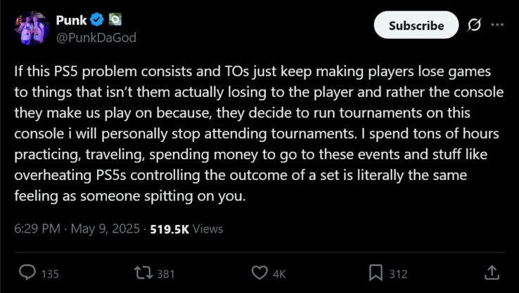 Postagem do PunkDaGod X sobre superaquecimento do PS5 na Evo Japan (Fonte da imagem: conta do PunkDaGod X)