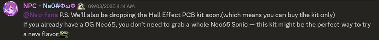 A QwertyKeys confirma o kit HE PCB para a série QwertyKeys Neo65. (Fonte da imagem: QwertyKeys no Discord)