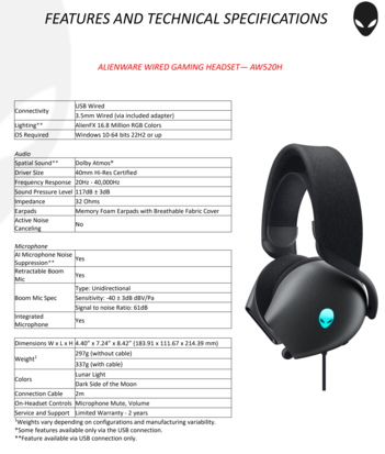 Alienware AW520H - Especificações. (Fonte da imagem: Dell)