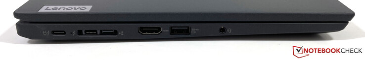 Lado esquerdo: 2x USB-C c/ Thunderbolt 4 (USB 4, 40 Gbps, PowerDelivery 3.0, DisplayPort 1.4a), extensão Ethernet, HDMI 2.0, USB-A 3.2 Gen.1, conector estéreo de 3.5 mm
