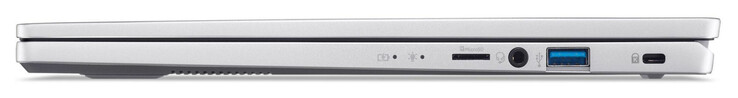 Lado direito: Leitor de cartão MicroSD, combo de áudio, USB 3.2 Gen 1 (USB-A), slot para uma trava Kensington