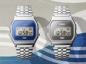 Casio Vintage AE159WEVJ-2 e AE159WEVJ-7 em um fundo azul e prata suave.