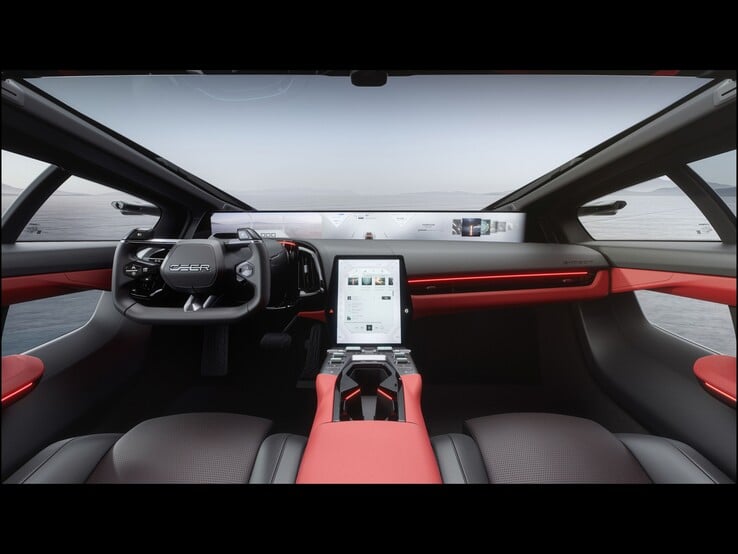 Interior com painel central, “Digital Horizon Display” de 48 polegadas e tela sensível ao toque de 10,4 polegadas no console central.