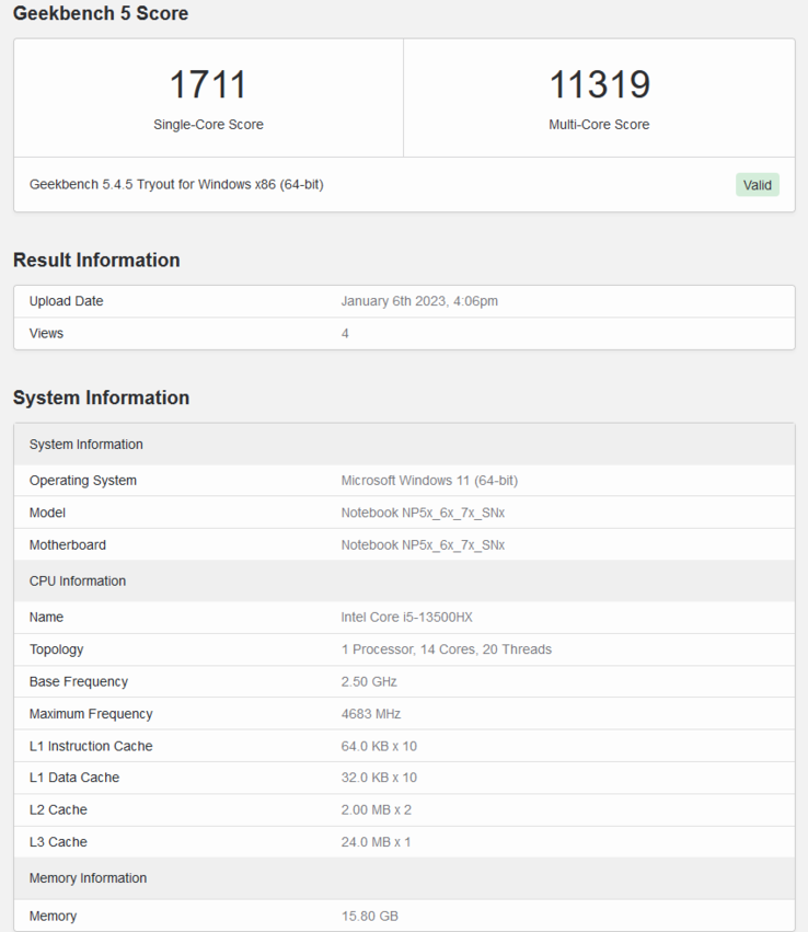 Listagem do Intel Core i5-13500HX Geekbench (imagem via Geekbench)