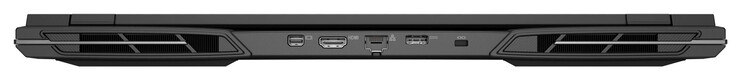 Parte traseira: Mini DisplayPort 1.4a (G-Sync), HDMI 2.1 (G-Sync), Gigabit Ethernet, conector de alimentação, slot Kensington