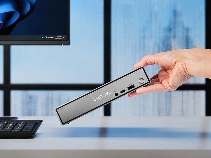 O mini PC ThinkCentre Neo 50q Gen 7 vem em um chassi de 1 litro, medindo 1,44 x 7,05 x 7,2 polegadas.