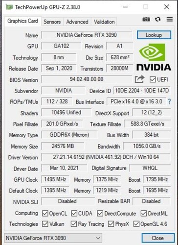 Informações GPU-Z para RTX 3090 GA102-250. (Fonte de imagem: Hardwareluxx)