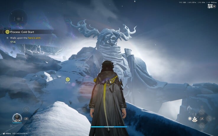 O Administrador se aproxima de uma estátua colossal congelada durante a missão Process: Cold Start.
