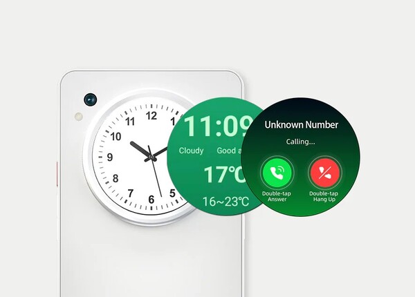 O visor colorido na parte traseira pode ser usado para visualizar notificações e como visor da câmera.