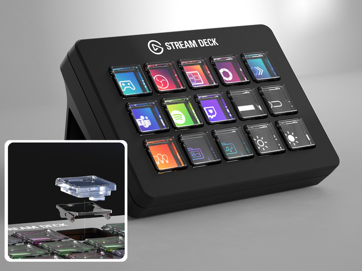 O Stream Deck com interruptor de tesoura (na foto) é vendido pelo mesmo preço da versão clássica. (Fonte da imagem: Elgato)