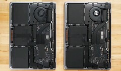 Observe a diferença: o M1 MBP 13 em comparação com o M2 MBP 13. (Fonte da imagem: iFixit)