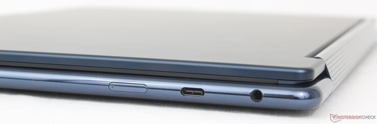 À direita: Botão liga/desliga, USB-C 3.2 Gen. 2, (10 Gbps) com DisplayPort 1.4 + Power Delivery 3.0, fone de ouvido de 3,5 mm