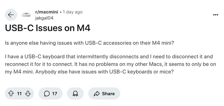 Os problemas de conexão USB-C relacionados ao Mac mini continuam aparecendo nos fóruns. (Fonte da imagem: Reddit)
