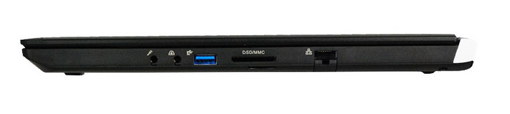 Right: 3.5 mm microphone, 3.5 mm headset, USB 3.0, SDXC card reader, mini SIM, Gigabit RJ-45, Kensington Lock (Source: Eurocom)