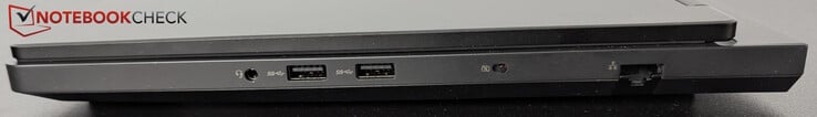 Direita: Conector para fone de ouvido, 2x USB-A (5 Gbps), obturador da webcam, LAN