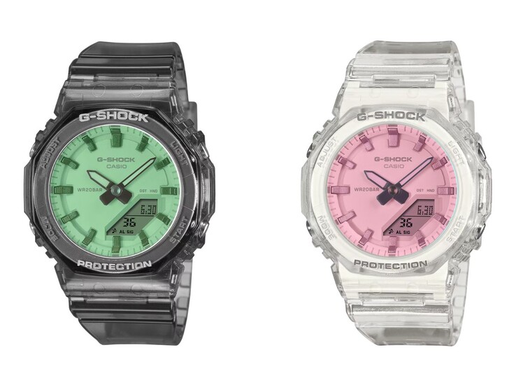 Os relógios Casio G-Shock GMA-P2100SR-1A (esquerda) e GMA-P2100SR-7A (direita)