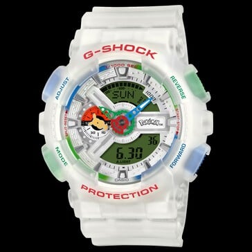 Vista frontal do Casio G-Shock Pokémon 30º Aniversário GA-110PKM-7A contra um fundo preto.