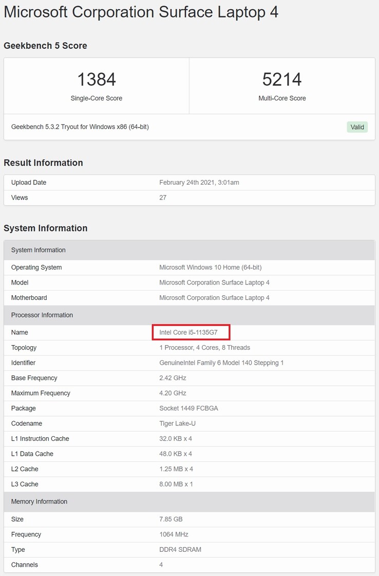 Superfície Laptop 4 com Tiger Lake. (Fonte de imagem: Geekbench)