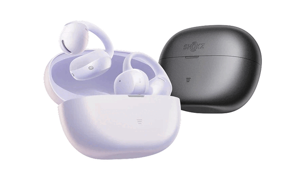 Os fones de ouvido Shokz OpenDots Air estão disponíveis em roxo e preto.