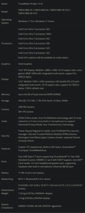 Especificações do TravelMate P4 Spin 14 AI