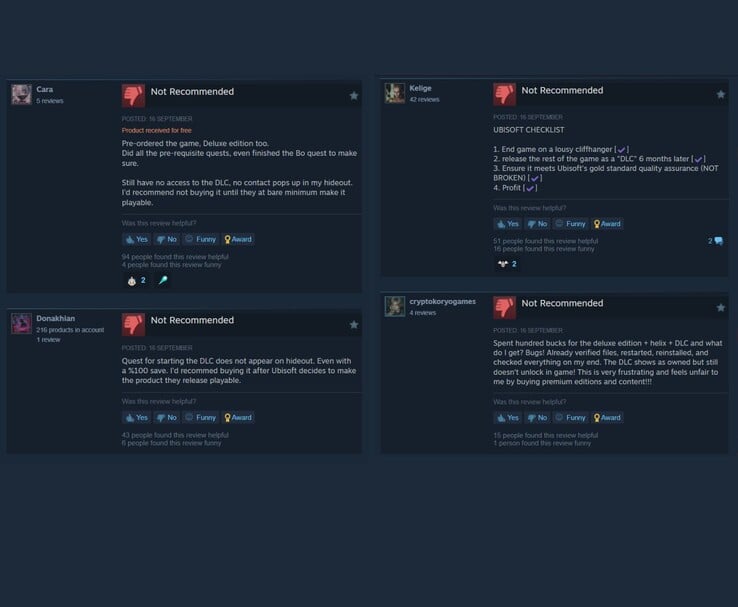 Avaliações de usuários do Steam criticando os problemas do DLC da Ubisoft, com vários jogadores marcando o conteúdo como não recomendado (Fonte da imagem: Steam)