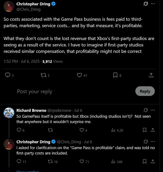 Postagem de Christopher Dring X sobre a lucratividade do Xbox Game Pass (Fonte da imagem: captura de tela, conta de Christopher Dring X)