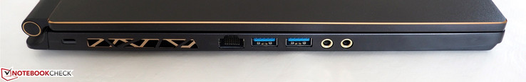 Left-hand side: Kensington Lock, RJ45-LAN, 2x USB Type-A 3.1, Headphone jack, Microphone jack