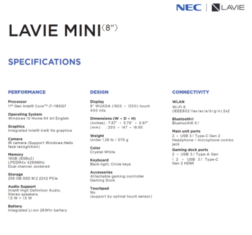 NEC Lavie Mini - Especificações. (Fonte da imagem: Lenovo)