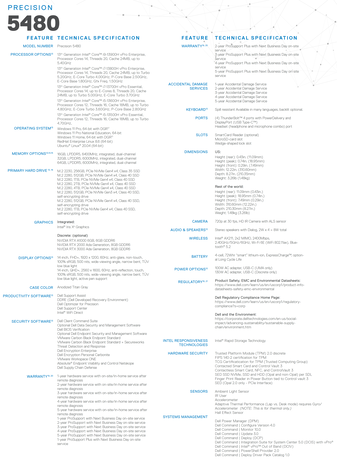 Dell Precision 5480 - Especificações. (Fonte: Dell)