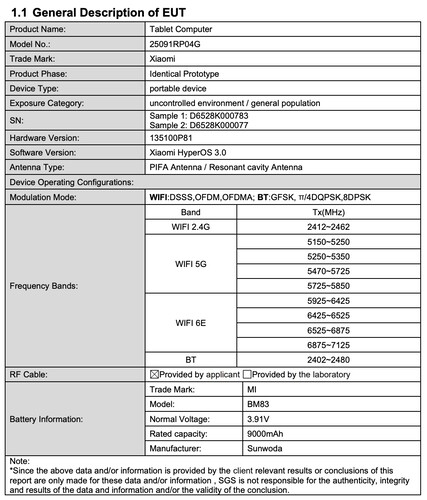 A certificação revela detalhes do Xiaomi Pad 8 Pro global. (Fonte da imagem: certificação FCC)
