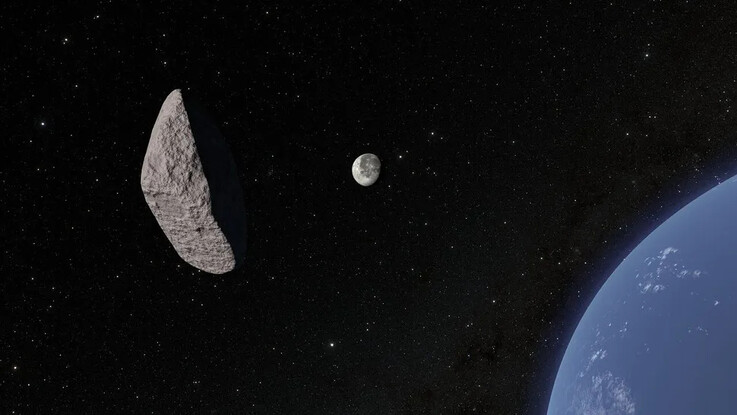 Uma ilustração mostrando a passagem do asteroide 2024 YR4 próximo à Lua.  