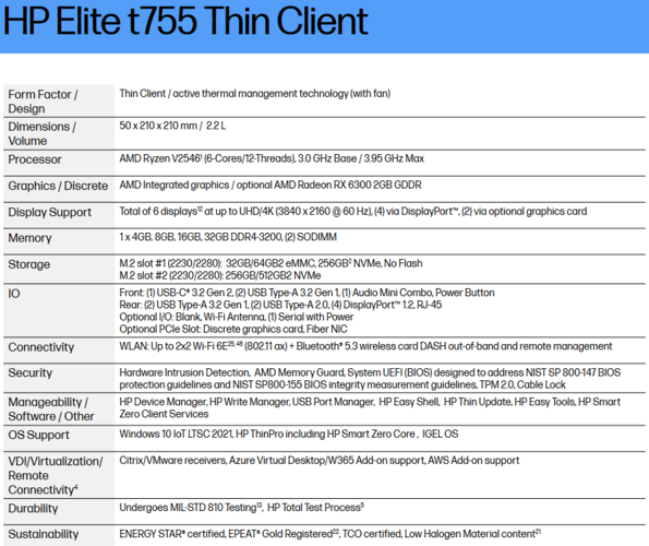 Especificações do HP Elite t755 Thin Client (imagem via HP)