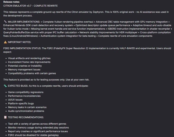Notas de lançamento da nova atualização (Fonte da imagem: Citron)