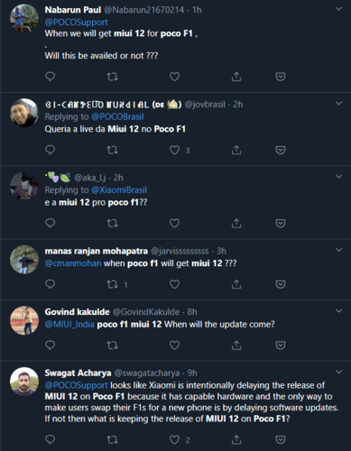 Algumas das queixas recentes sobre a falta do MIUI 12 para o Pocophone F1. (Fonte da imagem: Twitter)