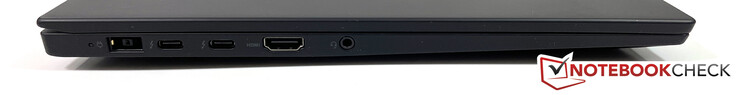 Lado esquerdo: Alimentação (SlimTip), 2x Thunderbolt 3 c/ USB-C (USB 3.1 Gen.2, DisplayPort), HDMI 2.0, 3.5 mm estéreo