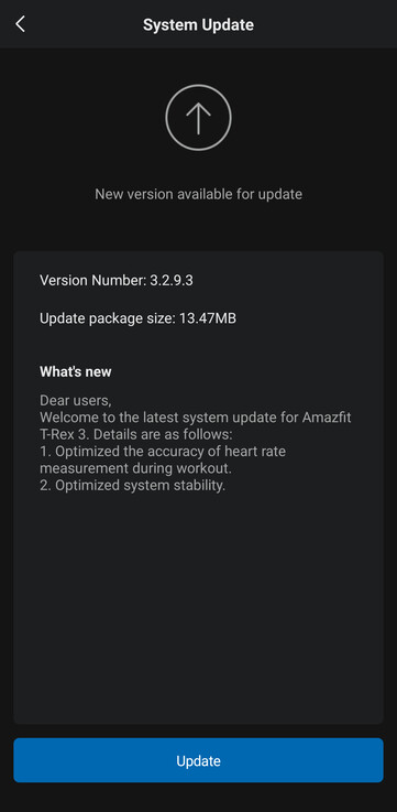 O registro de alterações da versão 3.2.9.3 do firmware do Amazfit T-Rex 3. (Fonte da imagem: u/Ech0ke via Reddit)
