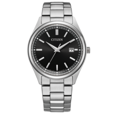 Relógio de pulso Citizen BM1350-54E Eco-Drive, com mostrador preto com efeito raios de sol, caixa e pulseira em aço inoxidável, marcadores de horas em formato de bastão e indicador de data às 3 horas.