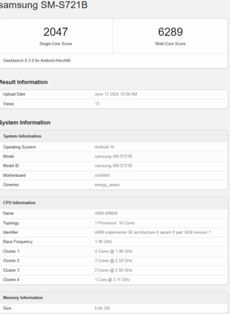 Samsung Galaxy S24 FE Pontuação no Geekbench (imagem via Geekbench)