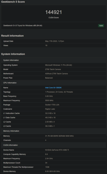Nvidia GeForce RTX 4060 Ti Geekbench (imagem via Geekbench)