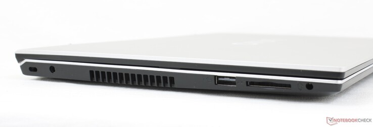 Esquerda: Fechadura Kensington, porta adaptador AC, USB-A 2.0, leitor de cartão SD, áudio combinado de 3,5 mm