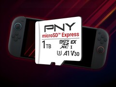 Cartão MicroSD Express PNY de 1 TB mostrado com o Switch 2