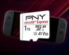 Cartão MicroSD Express PNY de 1 TB mostrado com o Switch 2