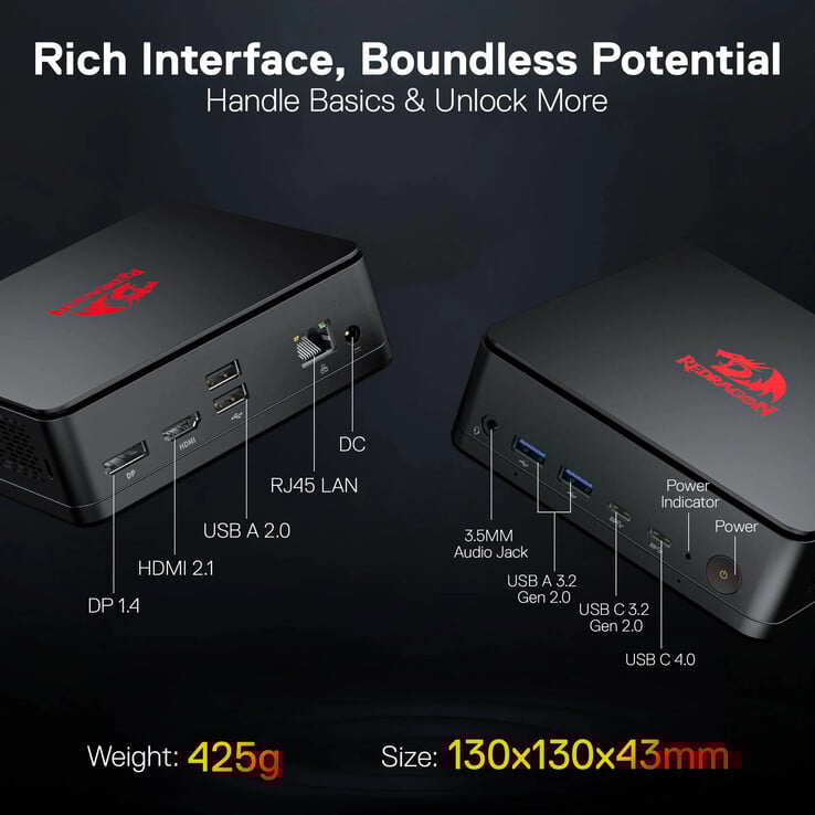 Seleção de portas do mini PC Redragon MPC745. (Fonte da imagem: Redragon)