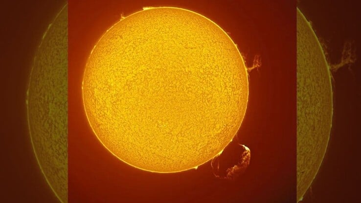 Uma proeminência e uma ejeção de massa coronal capturadas na superfície do Sol. (Fonte da imagem: Maximilian Teodorescu)