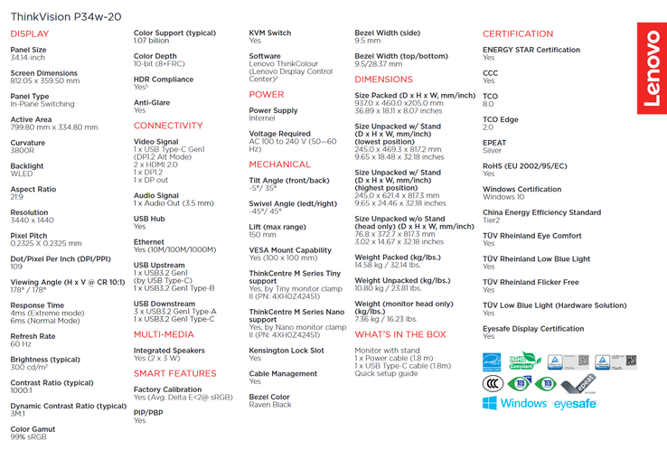 Lenovo ThinkVision P34w-20 specs (imagem via Lenovo)