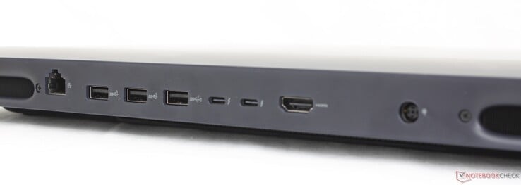Traseira: RJ-45 (5 Gbps), 3x USB-A 3.2 Gen. 1, 2x Thunderbolt 5 com DisplayPort 2.1 + Power Delivery, HDMI 2.1, adaptador CA